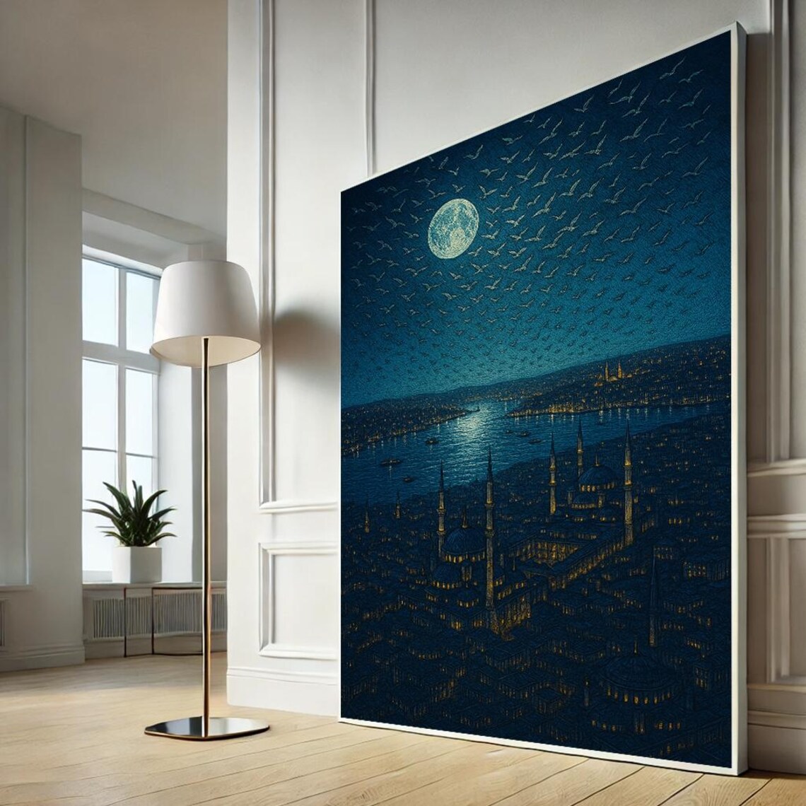 Mystical Istanbul Night Skyline Moon Birds Blue Gold Art Poster