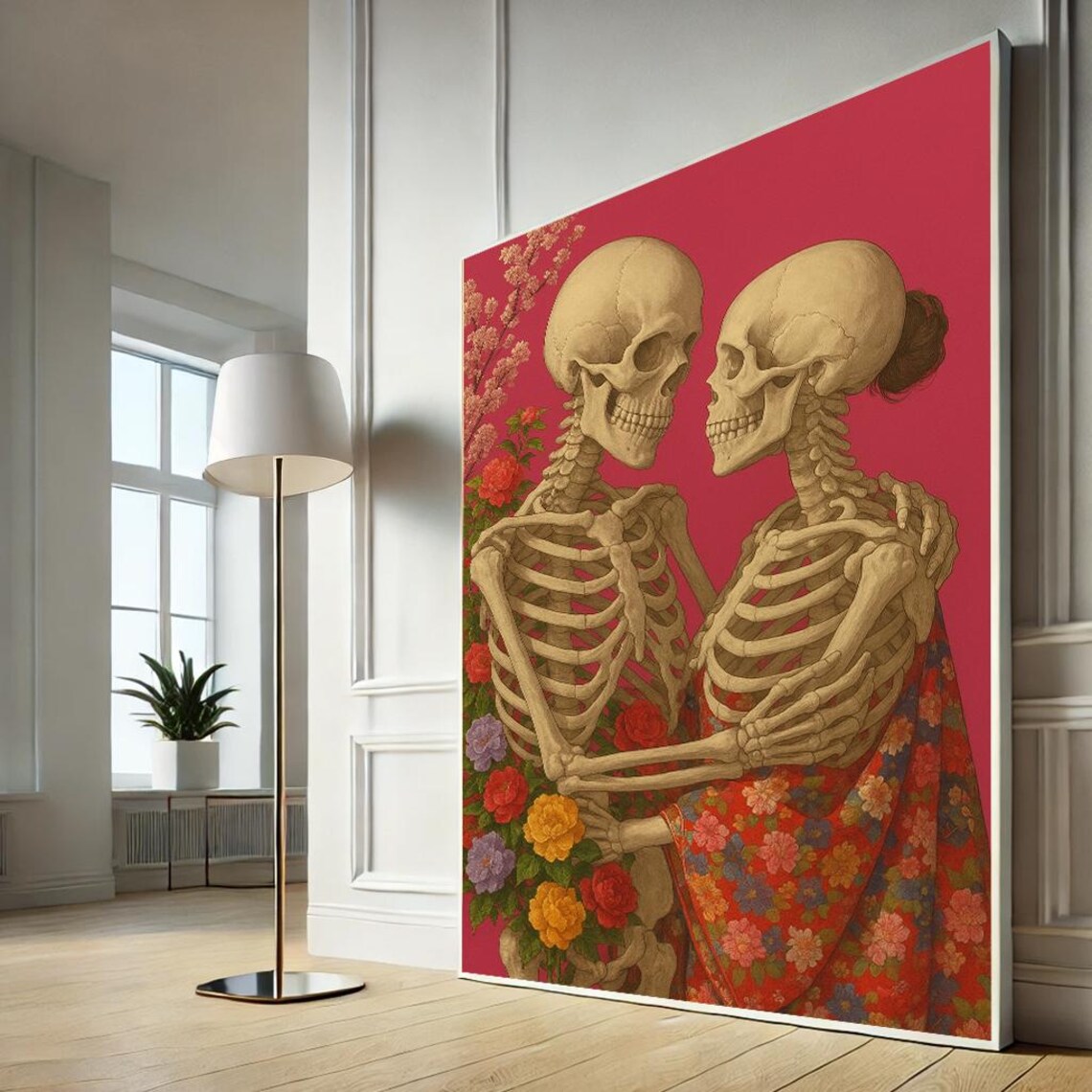 Romantic Skeleton Couple Canvas Art Whimsical Floral Love Scene Bold Living Room Decor Unique Gothic Home Gift
