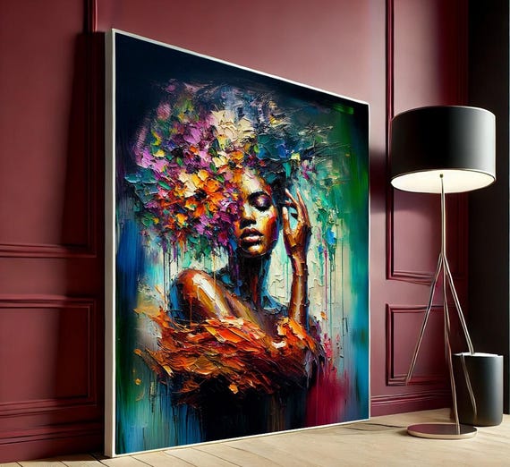 Colorful Woman Canvas Wall Art Print Vibrant Abstract Portrait With Floral Headpiece Stunning Modern Decor Lovers
