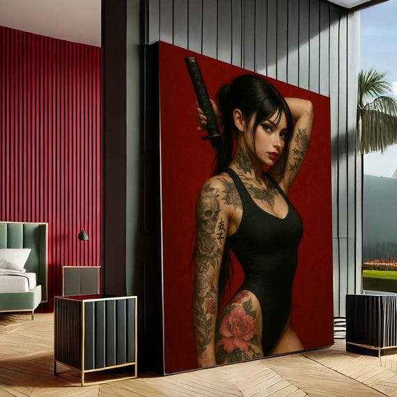Empowering Tattooed Woman Realism Canvas Wall Art Print Red Black Living Room Decor Statement Piece