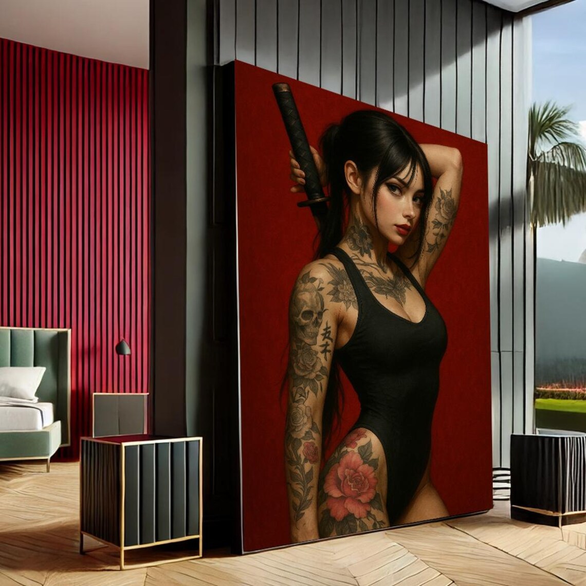 Tattooed Warrior Woman Katana Red Background Bold Modern Art Print