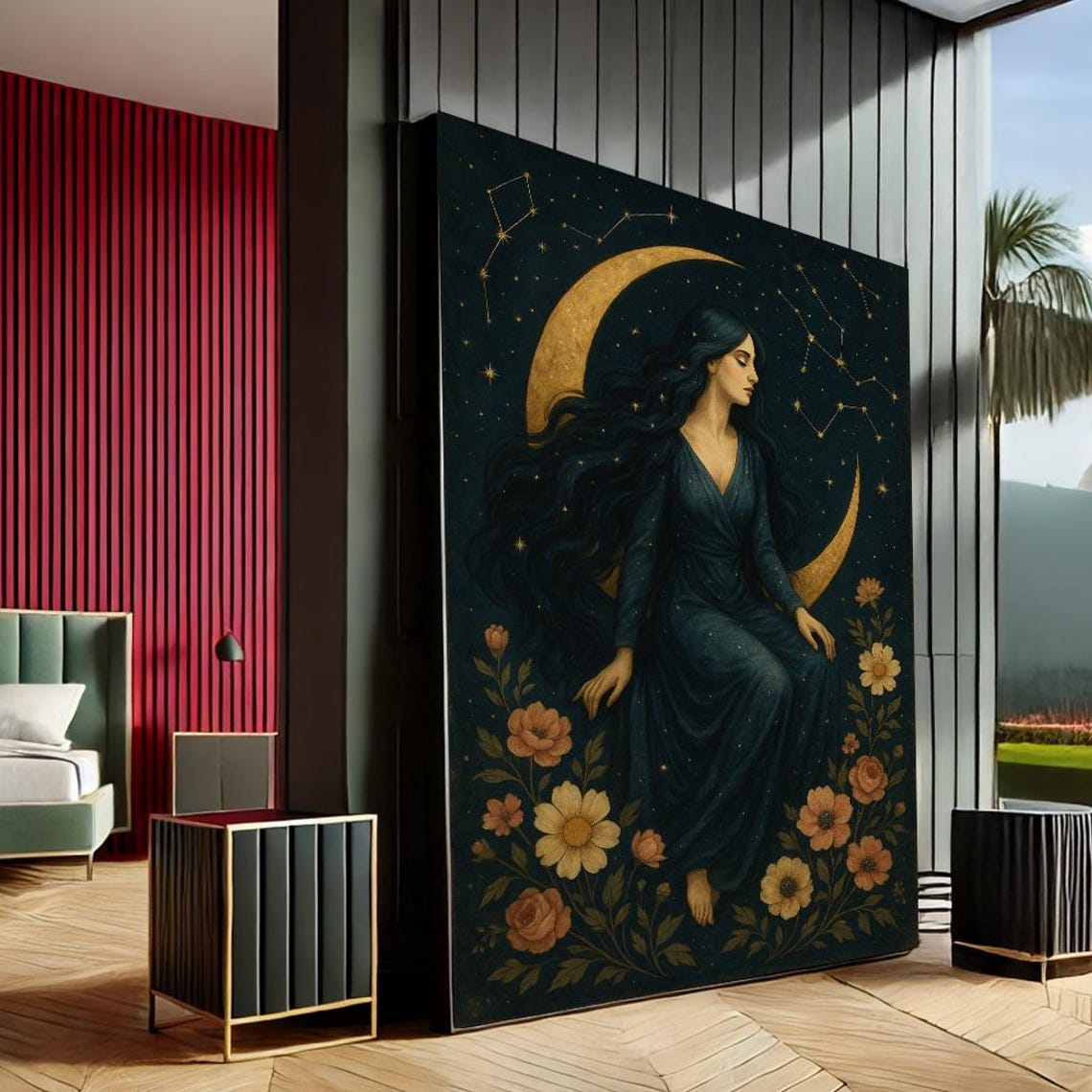 Mystical Moon Goddess Modern Canvas Wall Art Print Navy Gold Bedroom Decor Ready To Hang