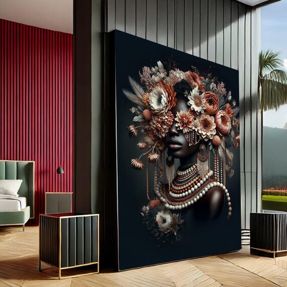 African Woman Floral Headpiece Beaded Jewelry Dark Elegant Canvas Print