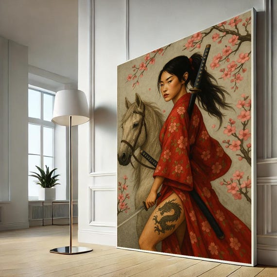 Japanese Warrior Woman Canvas Wall Art Samurai Girl Dragon Tattoo Print Geisha On Horse Feminist Home Decor
