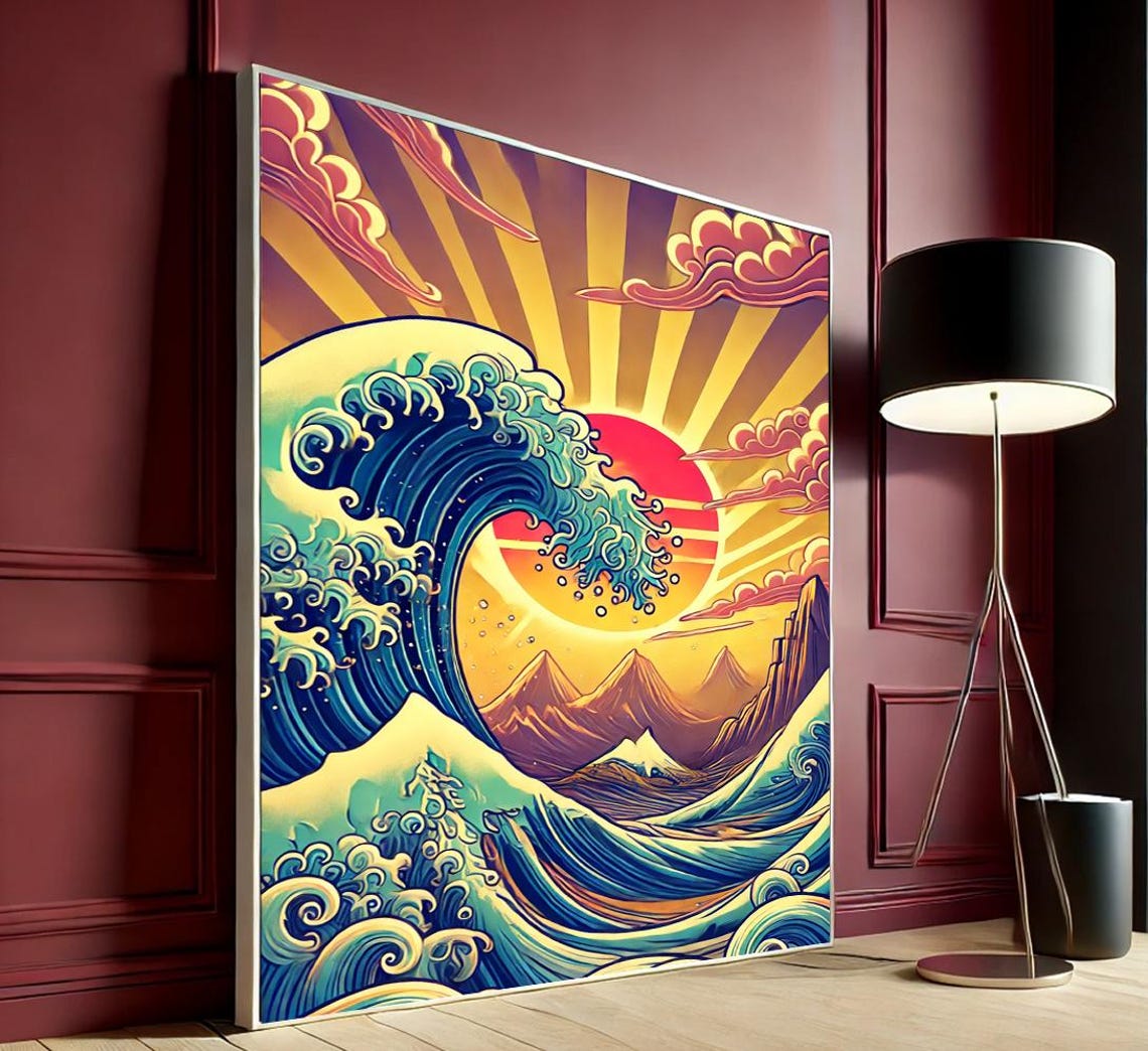 Great Wave Red Sun Rays Japanese Ocean Curl Blue Wave Art Poster