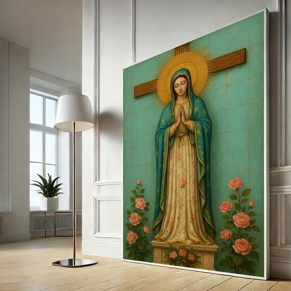 Our Lady of Guadalupe Praying Roses Cross Catholic Devotion Poster