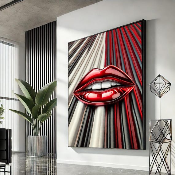 Woman Lips Pop Art Canvas Red Wall Modern Trendy Fashion Artwork Statement Home Accent Unique Gift For Lovers