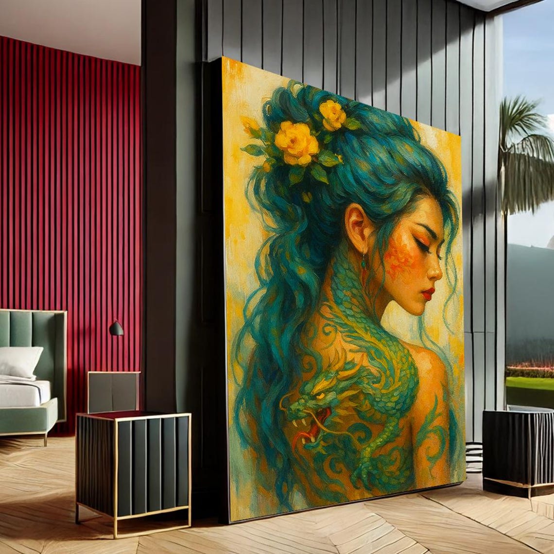 Mystical Dragon Woman Boho Canvas Wall Art Print Vibrant Yellow Teal Living Room Decor Statement Piece