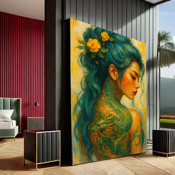 Mystical Dragon Woman Boho Canvas Wall Art Print Vibrant Yellow Teal Living Room Decor Statement Piece