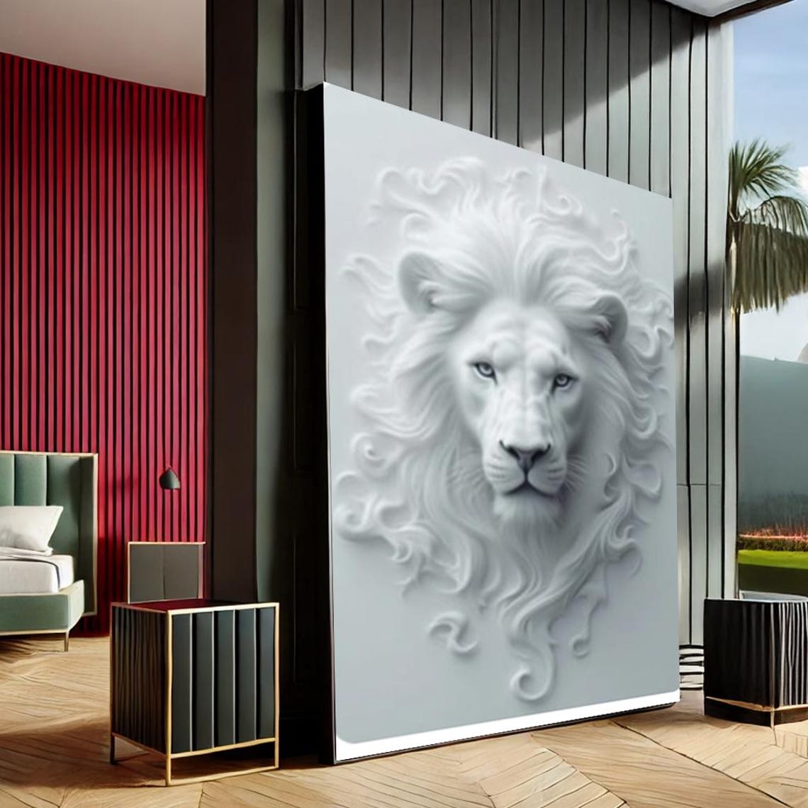 Regal Lion Modern Abstract Canvas Wall Art Print White Gray Living Room Decor Statement Piece