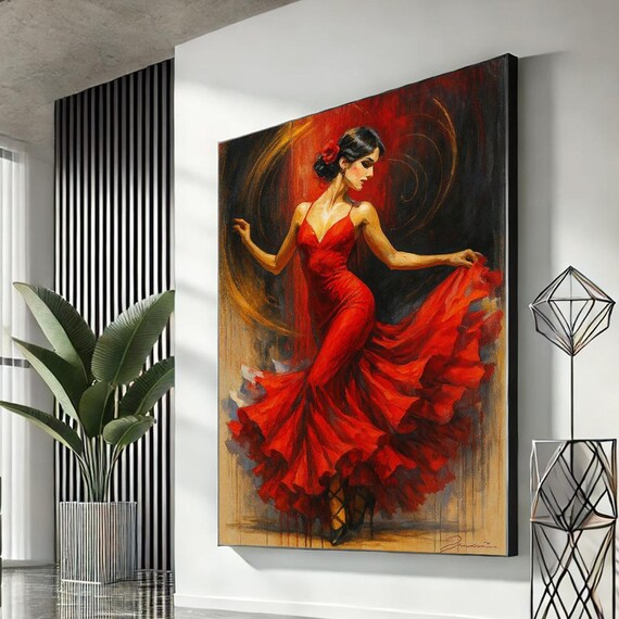 Flamenco Dancer in Red Dress Swirling Fiery Spanish Poster Art