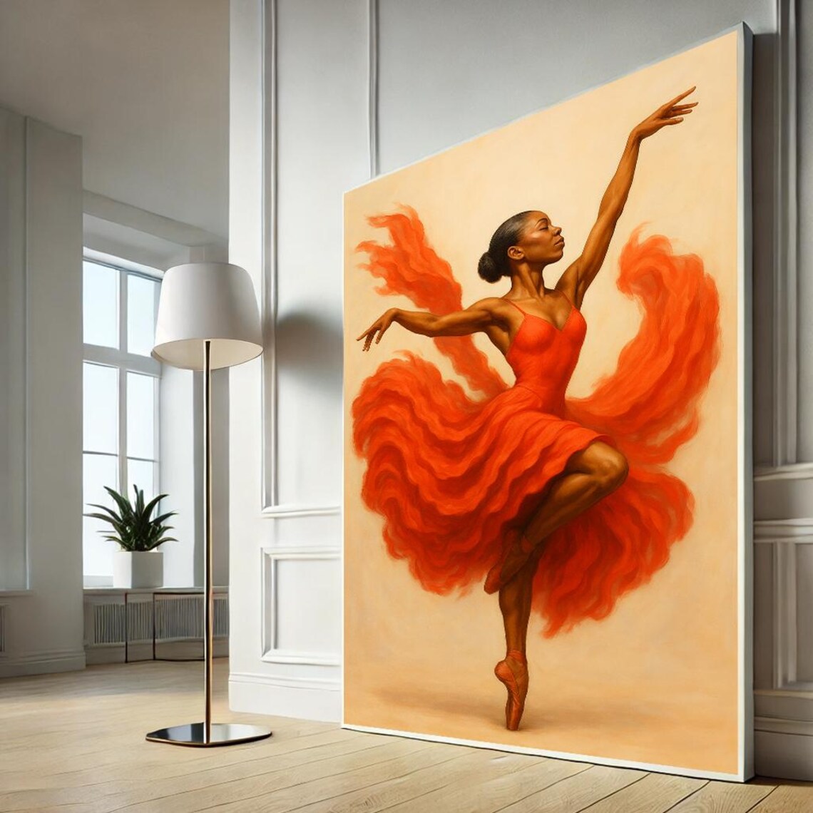 Elegant Black Ballerina Flowing Red Dress Dance Oil Art Print