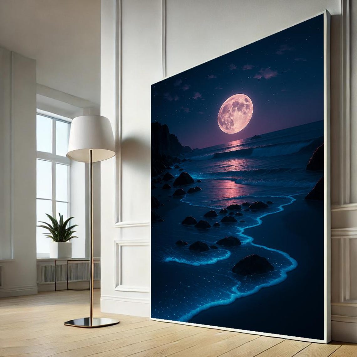 Full Moon Ocean Canvas Wall Art Print Tranquil Night Beach Painting Lunar Seascape Home Decor