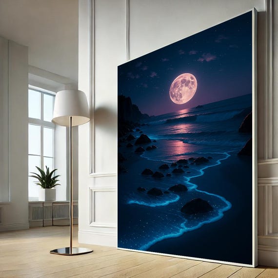Full Moon Ocean Canvas Wall Art Print Tranquil Night Beach Painting Lunar Seascape Home Decor