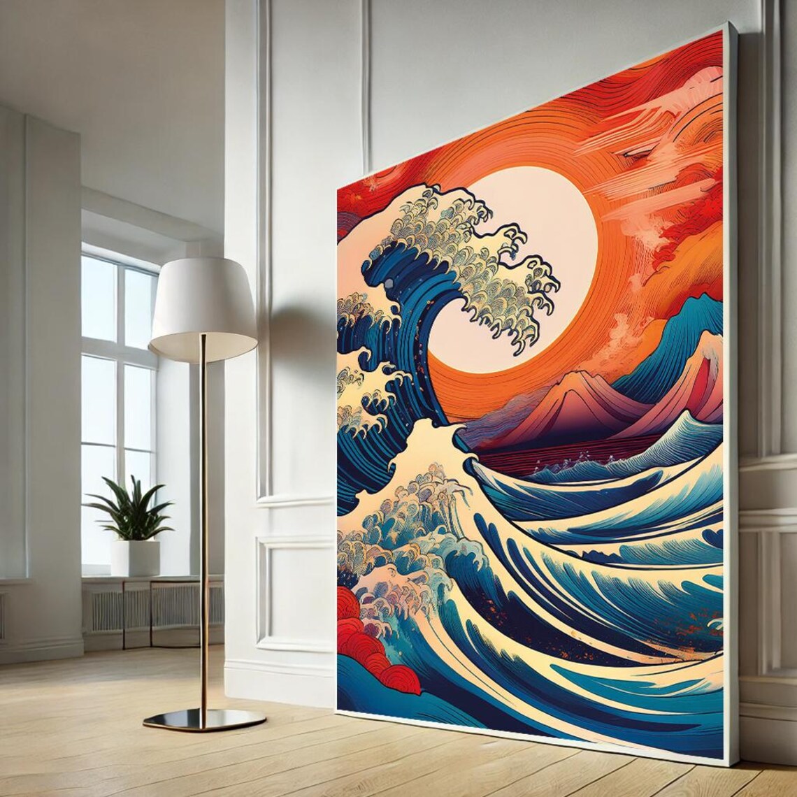 Great Wave Red Sun Mount Fuji Blue Ocean Japanese Art Poster