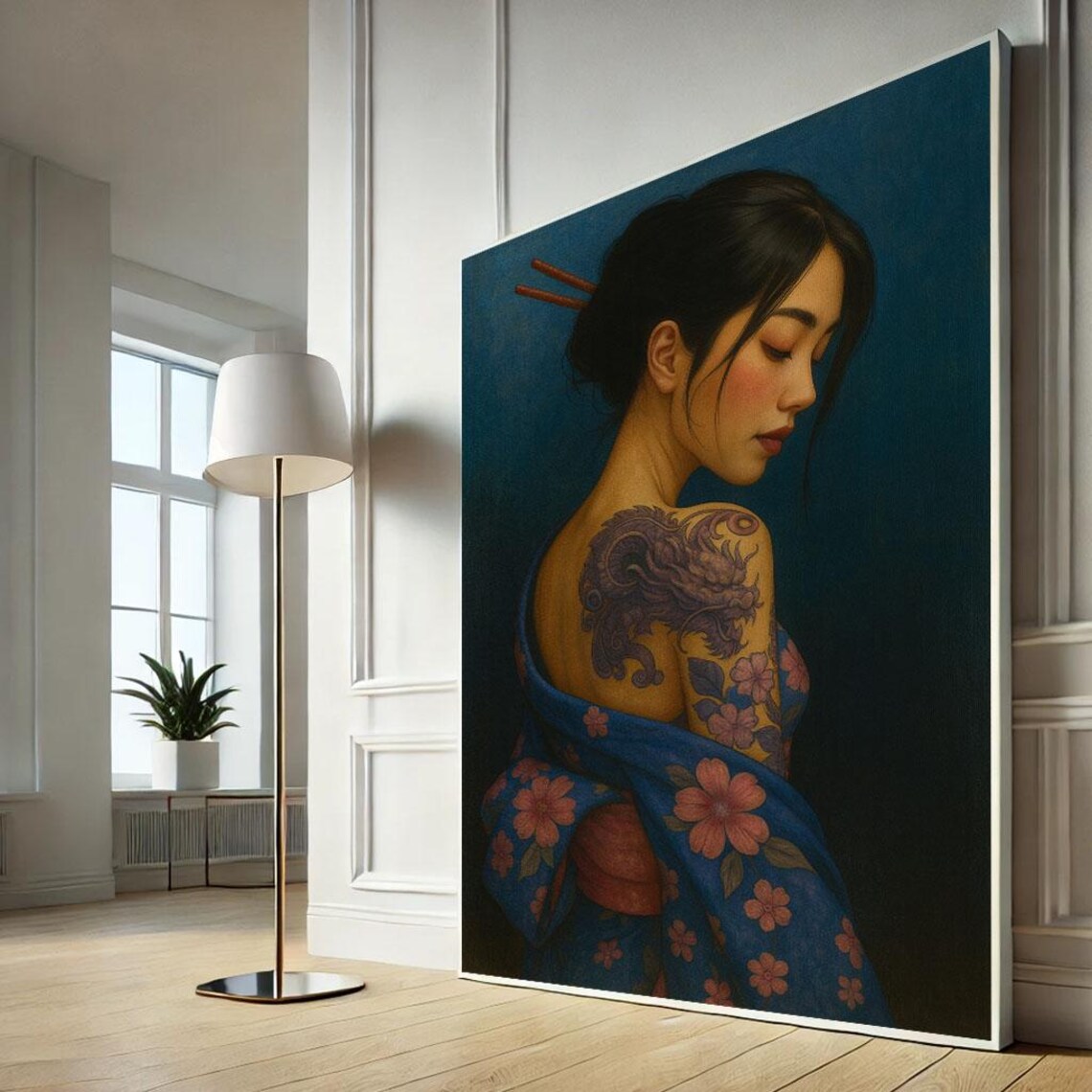 Japanese Woman In Blue Floral Kimono Dragon Tattoo Portrait Art Poster