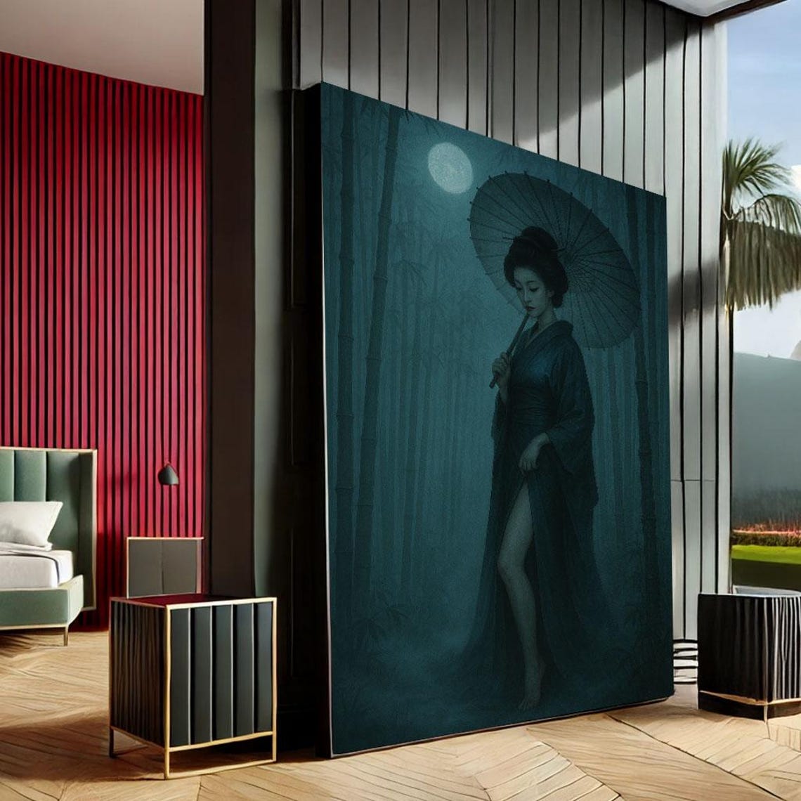 Mysterious Geisha with Parasol Moonlit Bamboo Forest Art Poster