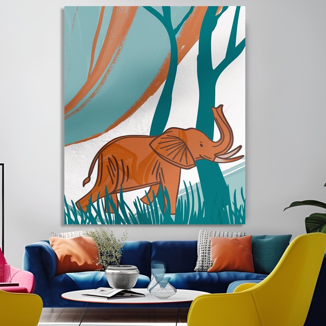 Orange Elephant Minimalist Teal Jungle Trees Nursery Decor Poster - Image 6