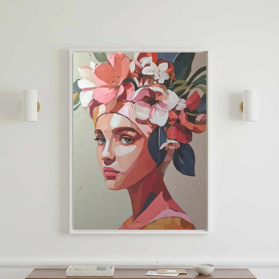 Woman With Pink Flower Crown Bold Modern Colorful Portrait Poster