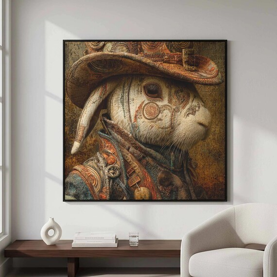 Western Rabbit Portrait Print Detailed Cowboy Animal Wall Art