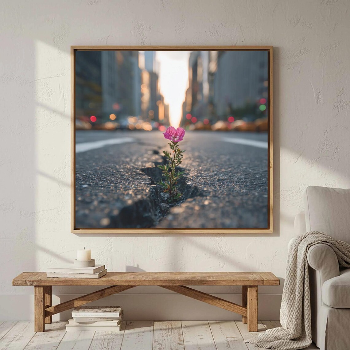Resilient Pink Flower Growing Through Cracked City Street Poster