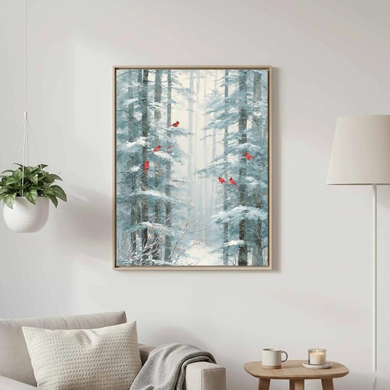 Winter Cardinal Birds Snowy Forest Christmas Canvas Wall Art