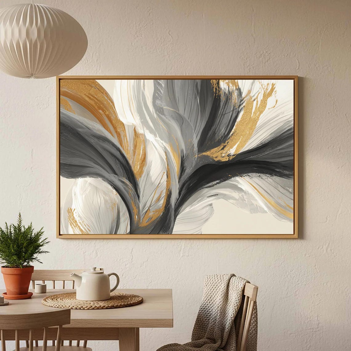 Abstract Floral Brushstroke Art Black White Gold Modern Poster