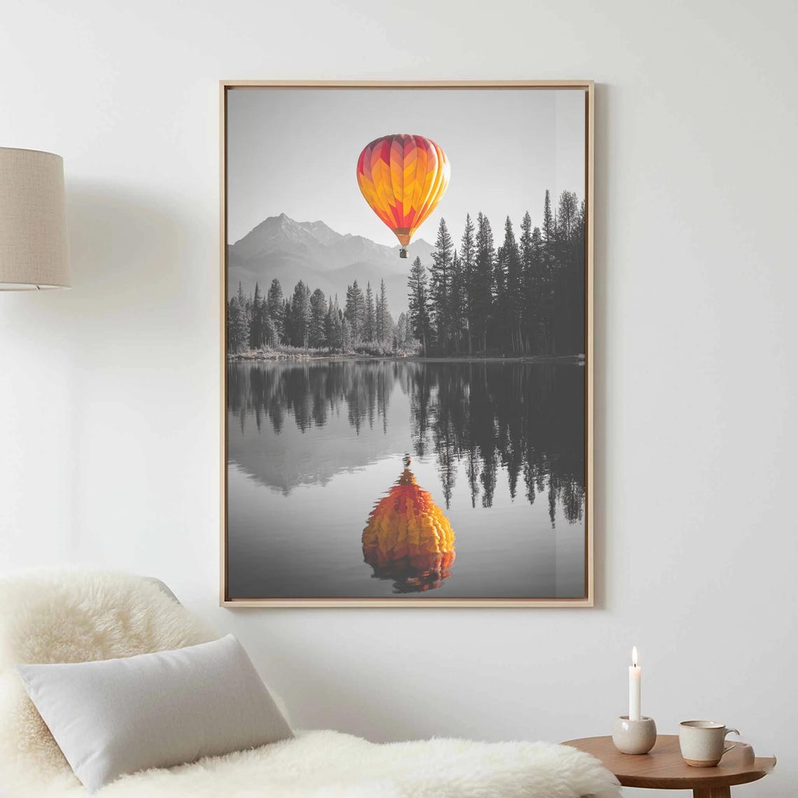 Hot Air Balloon Color Splash Mountain Lake Reflection Photo Poster