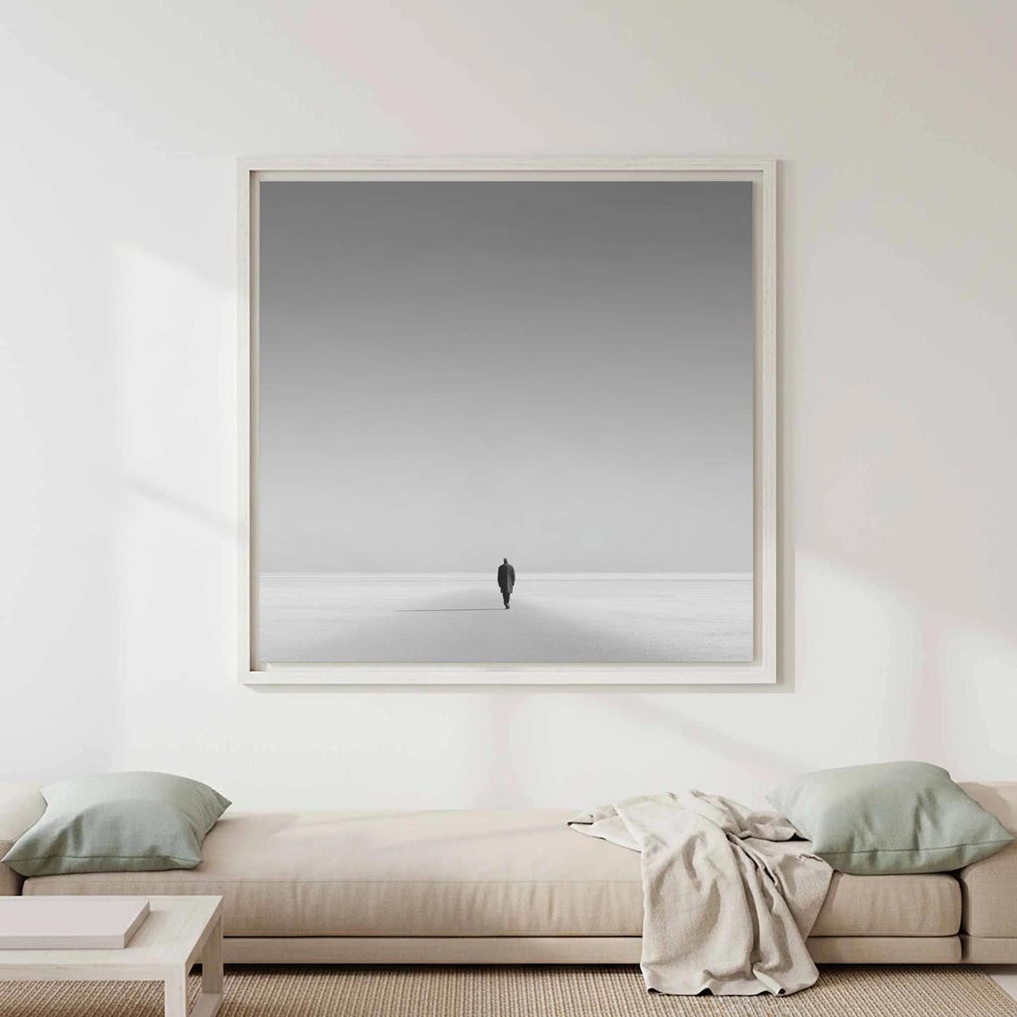 Lone Figure Walking Vast Minimalist Horizon Black and White Poster