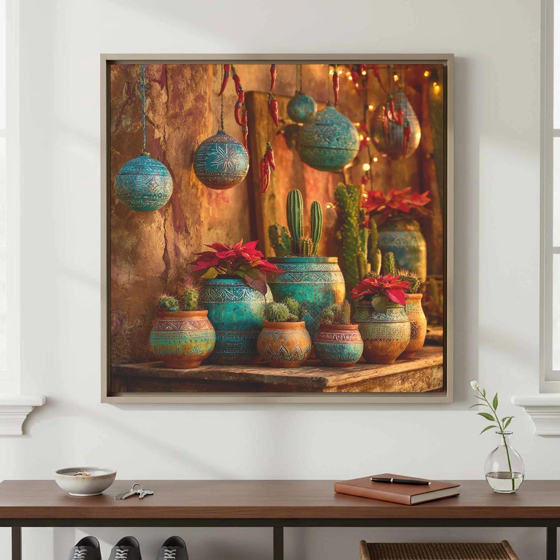 Terracotta Turquoise Desert Christmas Cactus Still Life Wall Art