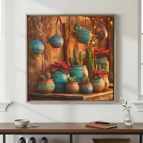 Terracotta Turquoise Desert Christmas Cactus Still Life Wall Art