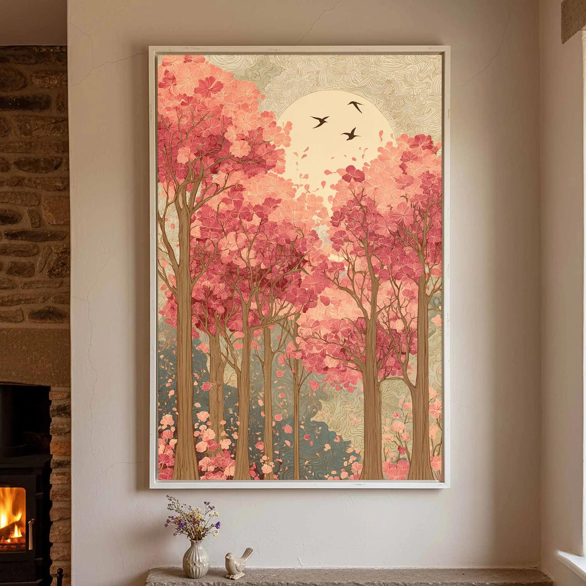 Cherry Blossom Grove Full Moon Art Nouveau Pink Trees Poster