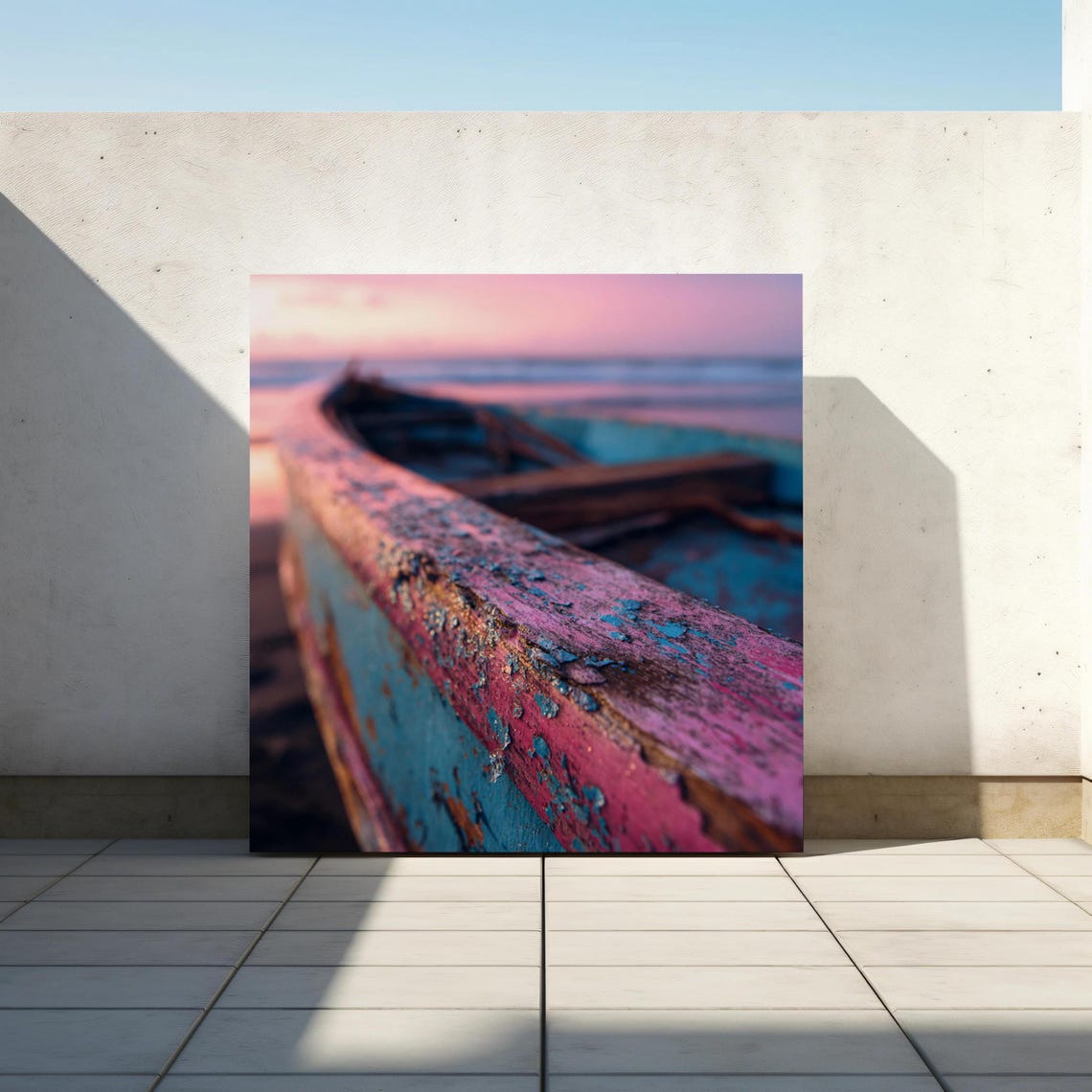 Weathered Wooden Boat At Sunset Poster With Peeling Paint Detail
