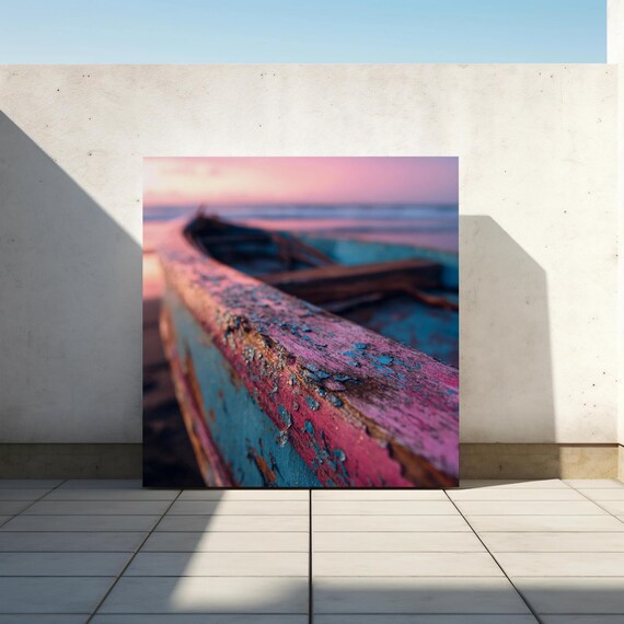 Weathered Wooden Boat At Sunset Poster With Peeling Paint Detail