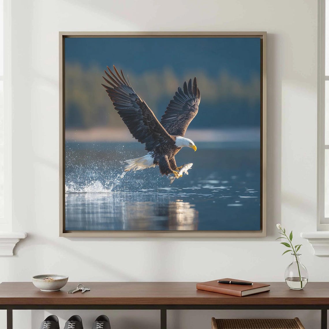 Bald Eagle Catching Fish Wings Spread Dramatic Wildlife Poster