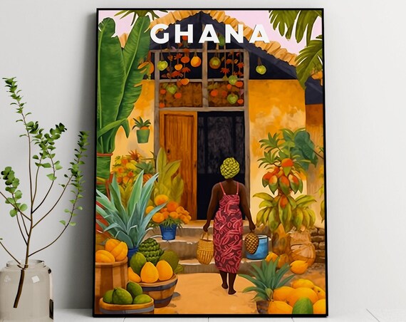 Ghana Illustration Travel Poster, Tropical Botanical Art