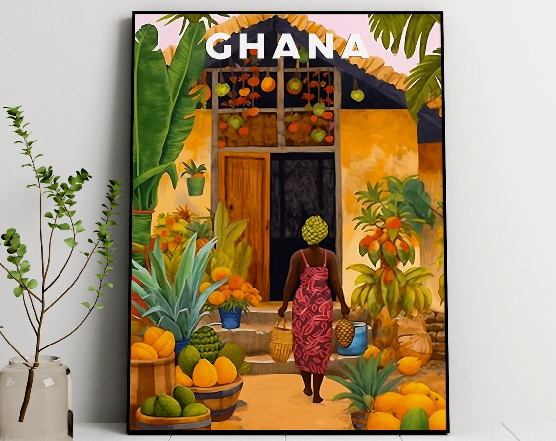 Ghana Illustration Travel Poster, Tropical Botanical Art