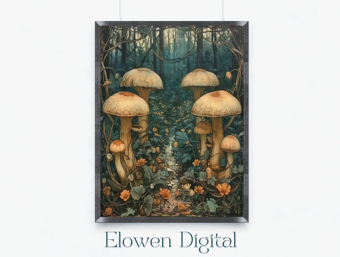 Art Nouveau Forest Mushrooms Toadstools Woodland Fantasy Art Poster