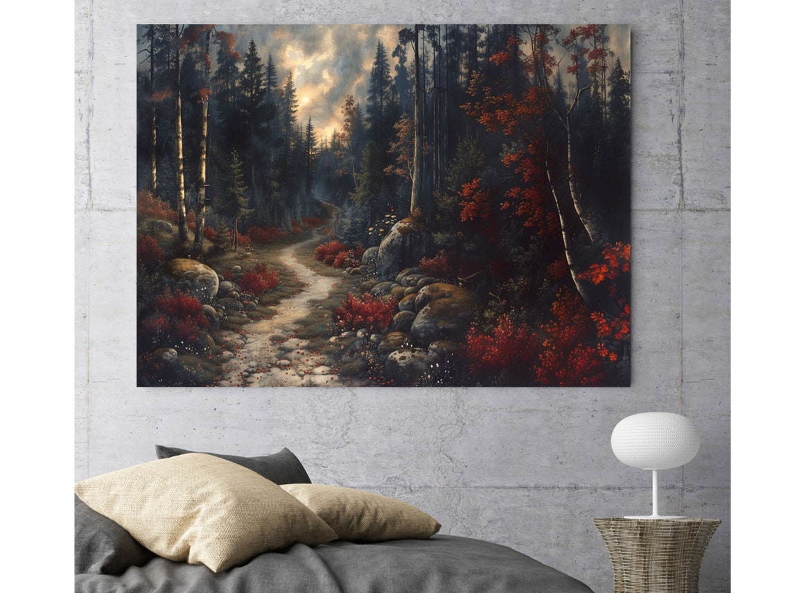 Moody Red Autumn Forest Path Through Dark Birch Woods Poster - Image 4