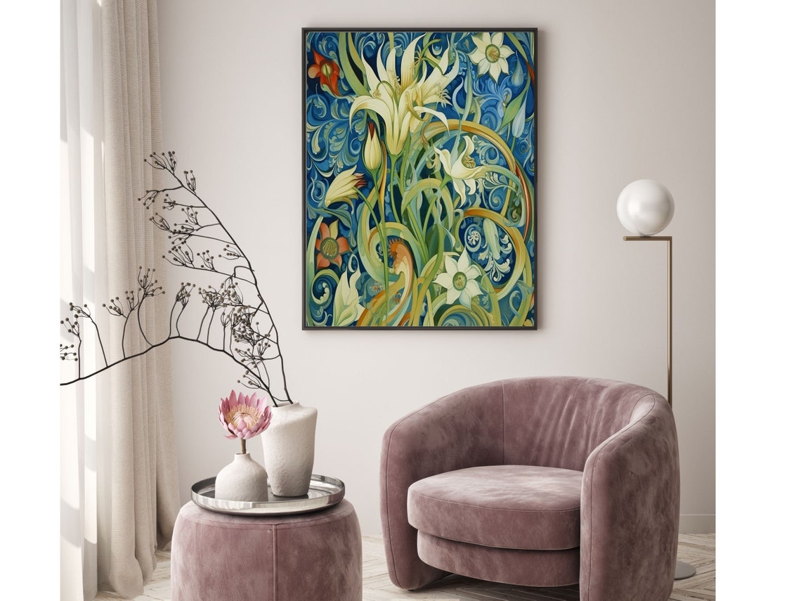 Surreal Spring Lilies in Deep Blue Swirling Tendrils Botanical Poster - Image 4