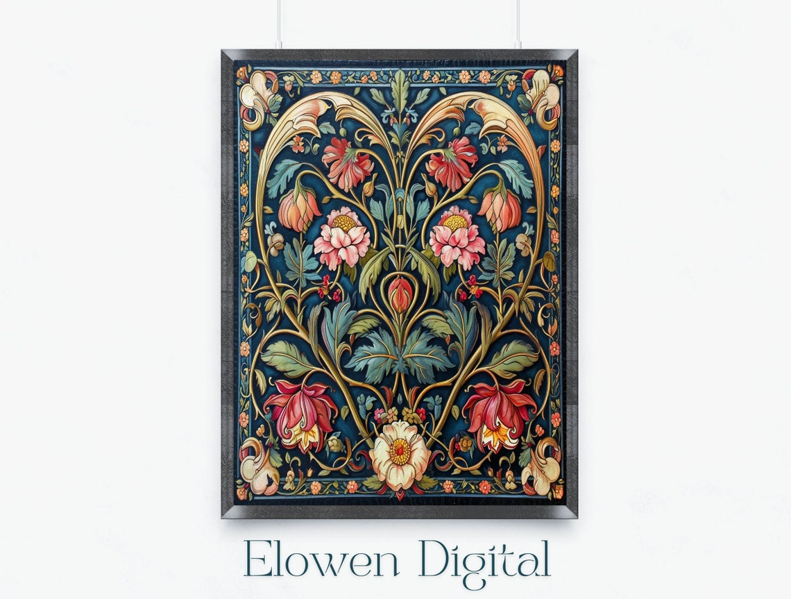 Heart Shaped Floral Tapestry In William Morris Style On Navy Wall Art