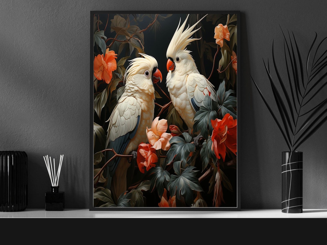 Art Nouveau Wall Art Cockatiels In The Jungle Wall Art Of Birds Art Nouveau Print Cockatiels - Image 2