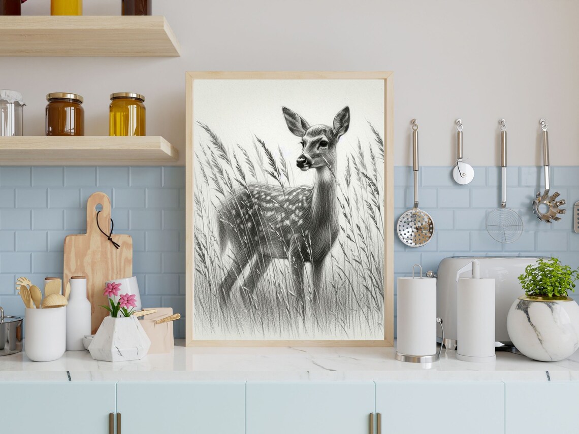 Delicate Pencil Sketch Of A Fawn Standing In Tall Grass Poster - Image 4