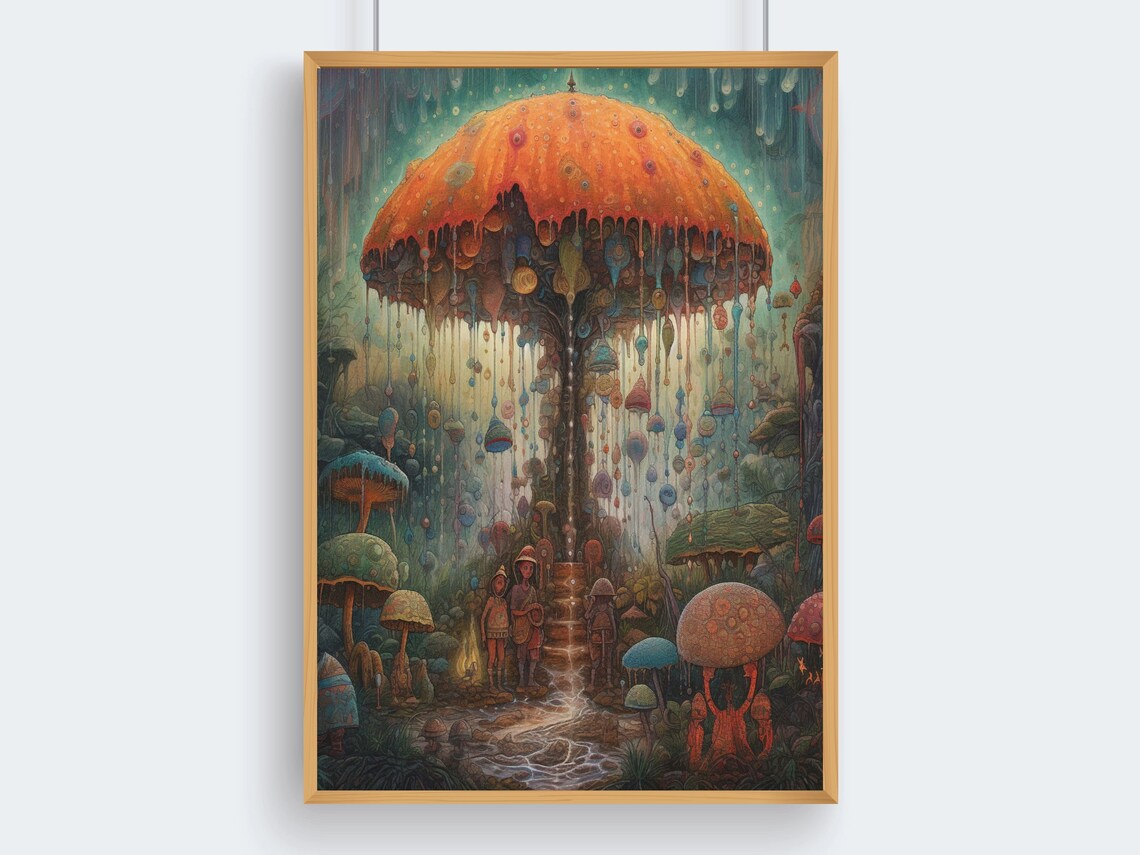 Magical Mushroom Umbrella Fairy Forest Rain Fantasy Art Poster