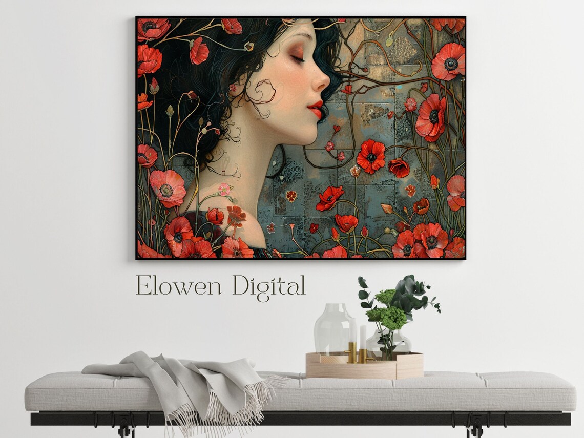 Art Nouveau Woman with Red Poppies Profile Botanical Wall Poster