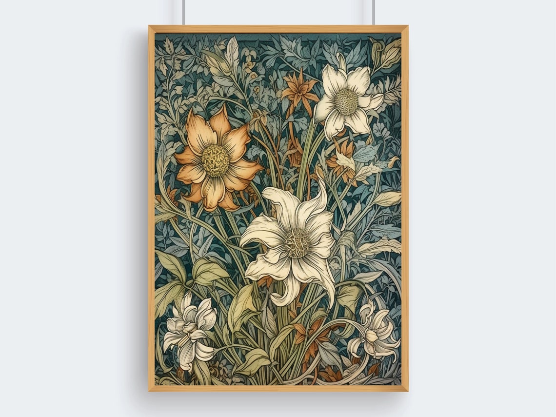 William Morris Style Cream Lilies Botanical Floral Design Wall Art