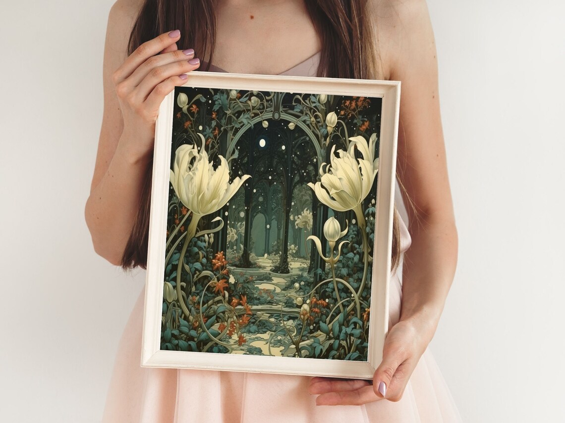 White Tulips by Moonlight in a Midnight Garden Archway Poster - Image 6
