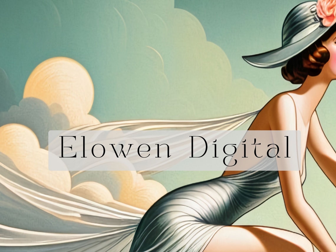 Art Deco Woman Riding Pink Flamingo Over Ocean Waves Wall Art - Image 2
