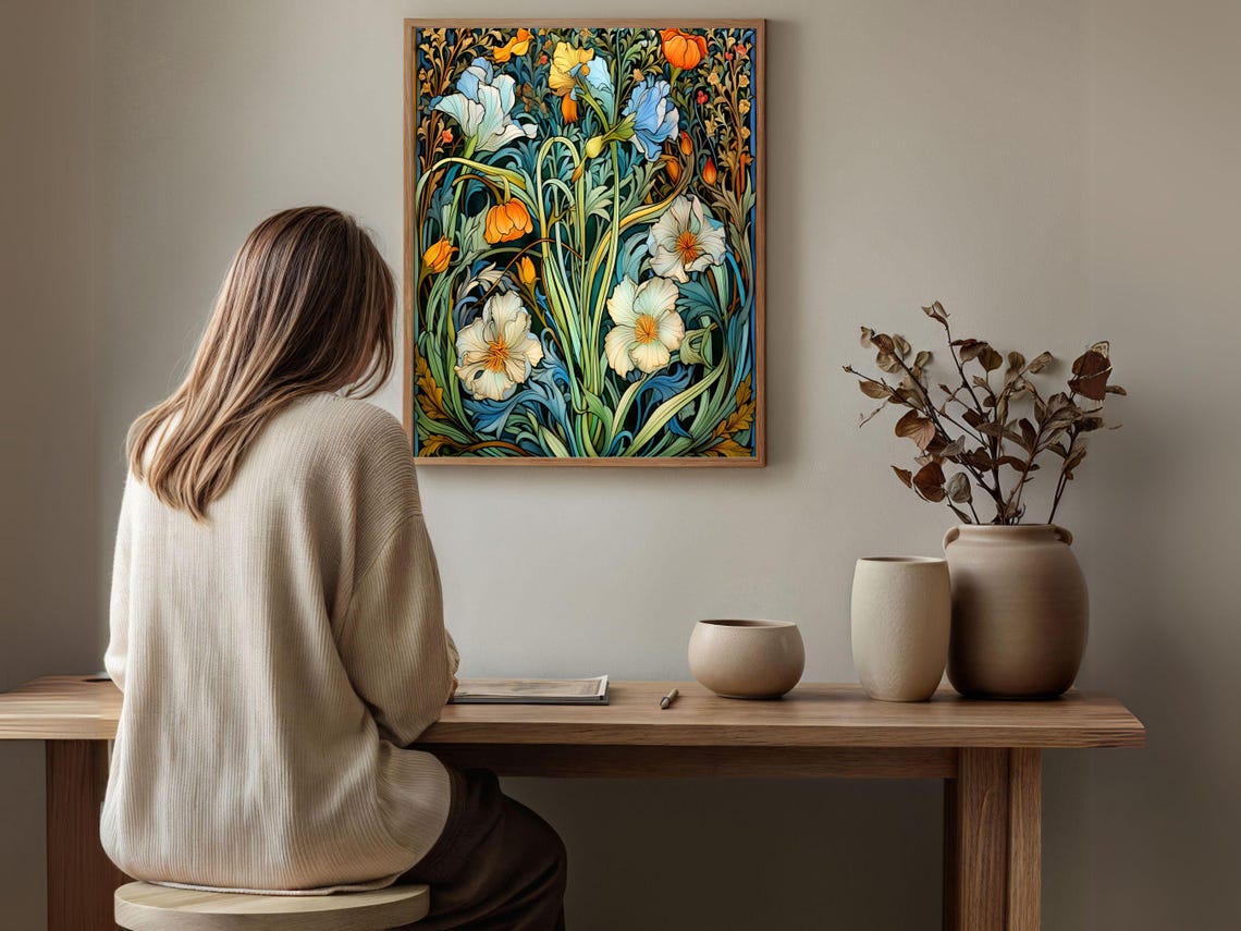 William Morris Style White Poppy Garden Floral Vintage Art Poster - Image 5