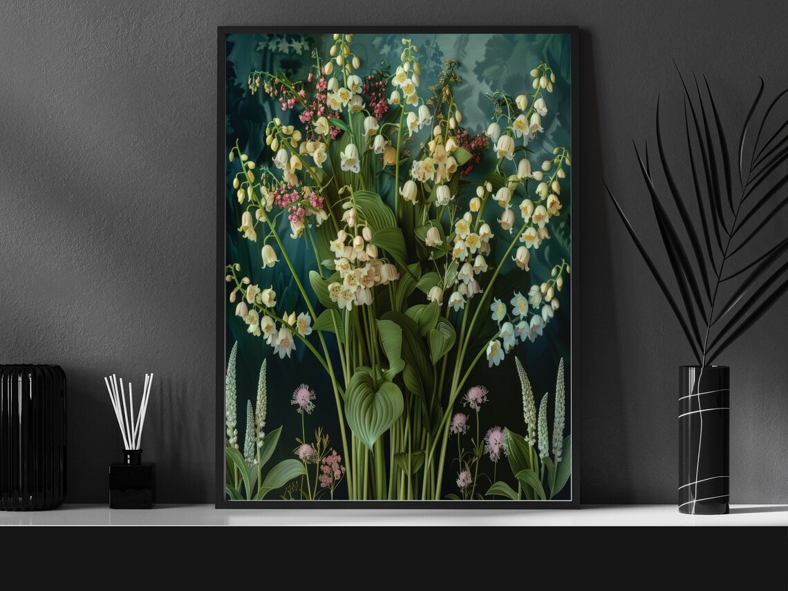 White Lily Of The Valley Cascade Botanical Dark Green Garden Print - Image 2